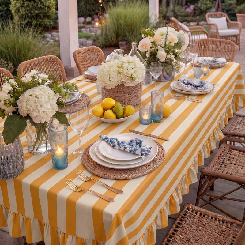 Tudomro 1 Pcs Ruffle Edge Striped Tablecloth, 84'' x 60''