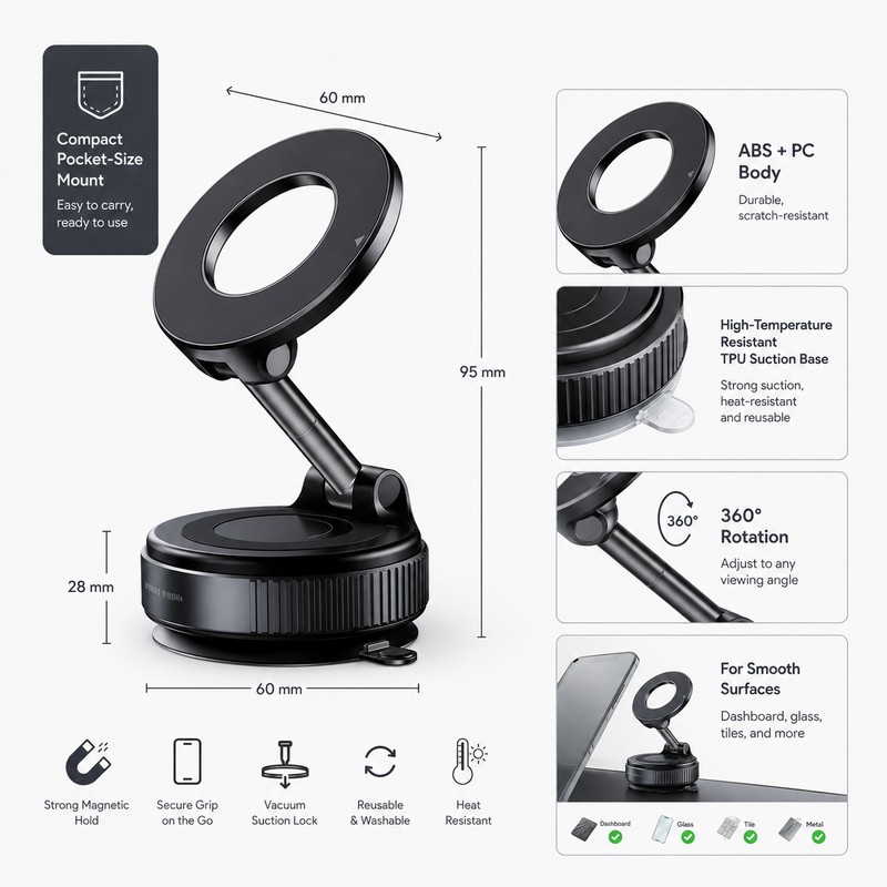 Magnetic Vacuum Phone Mount for Car & Home – 360°