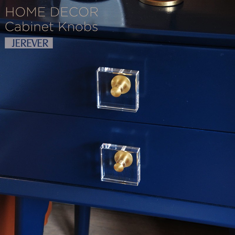 JEREVER 2 Pack Acrylic Knobs Large Size Crystal Brass Drawer