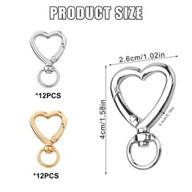 24Pcs Heart Carabiner Clasp for Keys Heart Keychain Clip Hook Key Ring