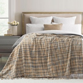 GINAMUSE Chenille Throw Blanket for Couch with Tassels,55"X75" Soft Lightweight Knitted Boho Decorative Blankets for Bed and Sofa,Blue and Yellow