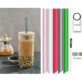 ALINK 12-Pack Reusable Plastic Boba Straws, 13 mm x 10.5 inch Long Wide Clear Smoothie Straws for Bubble Tea, Tapioca Pearls, Milkshakes with 2 Cleaning Brush - Pointed Design