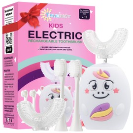 Trueocity Kids U Shape Toothbrush Auto Electric Toddler Rechargeable Kids Automatic Toothbrush | 360° U-Shaped Silicone Brush Head | Gentle Cleaning for Ages 2–7 | Unicorn Design (Pink)