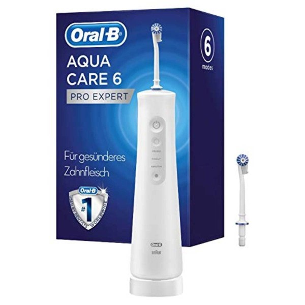 Oral-B AquaCare 6 Pro-Expert Oral irrigator, 2 Replacement nozzles, interdental Cleaner with 6 Brushing Modes for Gentle Dental Care and Healthy Gums, Designed by Brown, White/Grey