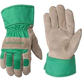 Wells Lamont Guantes de jardinería para niños, cuero vacuno duradero resistente a pinchazos y abrasión, palma de cuero, puño de seguridad, ajuste cómodo, pulgar alado, guantes de trabajo para jóvenes