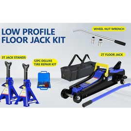 KUVADAZ 5 Piece Car Truck Floor Jack Service, Hydraulic Trolley Floor Jack & Jack Stands & Tire Repair Kit & L-Wrench for Garage, Automotive Shop, DIY, Lift Range 3.3"-15.2", 2 Ton/4000 LBS Capacity