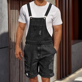 Felcia Denim Overalls for Men Jean Shorts Adjustable Straps Jumpsuit Loose Fit Work Bibs Coveralls with Pockets 2025 (B-Black, L)