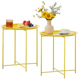 VECELO Side/End Table, Folding Round Metal Anti-Rust and Waterproof Outdoor or Indoor Tray for Living Room Bedroom Balcony and Office, 2 PCS, Yellow