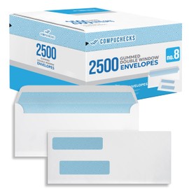 Compuchecks Double Window Envelopes - Gummed, Security Business Mailing Check Envelopes - Tamper Evident, Security Tint - 2500 Count – Guaranteed to fit QuickBooks Checks