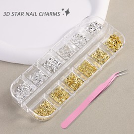 Furtherpretty Gold Star Nail Charms, 3D Silver Star Nail Charms Metal Studs Cross Star Celestial Nail Decorations, Flat-Back Nail Art Accessories with Tweezers for Women, Manicure Salon Supplies