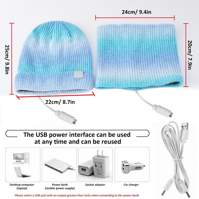 2Pcs Heated Hat Scarf Set USB Heat Winter Tie Dye