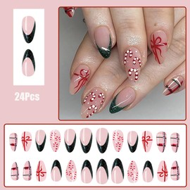 24 Pcs Christmas Press on Nails Short Almond Fake Nails Christmas Nails Glitter French Tip False Nails with Cane Bow Designs Winter Holiday Nails Press ons Full Cover Xmas Glue on Nails for Women