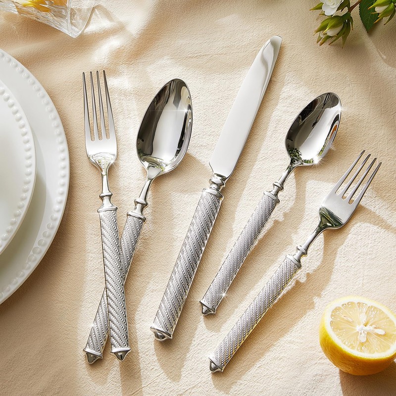KINGSTONE Retro Rope-Pattern Silverware Set, 5-Piece Flatware Set Cutlery Set