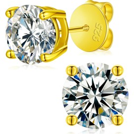 Moissanite Earrings, 3-10MM Diamond Stud Earrings For Women Men 925 Sterling Silver Screw Back Ear Stud Shiny Hypoallergenic White Gold Lab Grown Moissanite Studs (Gold Plated, 8mm (4ct))
