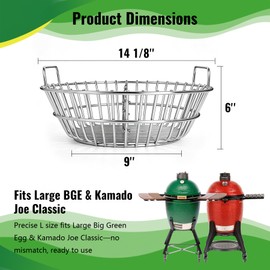 Charcoal Basket with Divider for Large Big Green Egg and Kamado Joe Classic, Stainless Steel Ash Basket for 18 Inch Ceramic Grill, Lump Charcoal Holder, 1 Pack