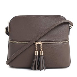 SG SUGU Lunar Lightweight Medium Dome Crossbody Bag Shoulder Bag with Double Tassels | Zipper Pocket | Adjustable Strap|Coffee