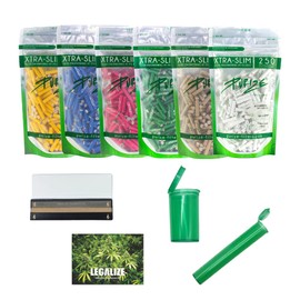 Purize Pack of 250 Xtra Slim Size Activated Carbon Filters, 6 mm, 2 Ceramic Caps, Assorted Colours & Joint Tube