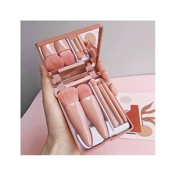 5Pcs Portable Makeup Brush Set with Mirror – Foldable Travel