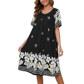 Marvmys Women Mumu Dress with Pockets Floral Print House Dress Moo Moo Nightgowns Loungewears Black XL