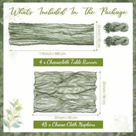 Windkream 4 Cheesecloth Table Runners and 48 Napkins Set, 10Ft Boho Cheese Cloth Table Runners 20 x 20 Inch Rustic Wrinkled Gauze Napkins for Wedding Birthday Baby Shower (Sage Green)