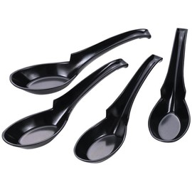 Shimomura 46763 Renge Spoon for Ramen (Made in Japan), Dishwasher Safe, Hook on the Edge, Lightweight, Break-resistant, Color Resistant, Black, Commercial Use, Set of 4 Plastic Lentge Tsubame Sanjo