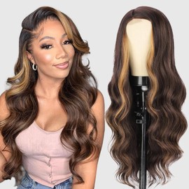 Luxclipse Long Body Wavy Wigs Human Hair, Brown Mixed Blonde, Highlights and 150% Density, Natural Hairline, Breathable, Heat Resistant, Tangle-Free, Lightweight Wig for Women