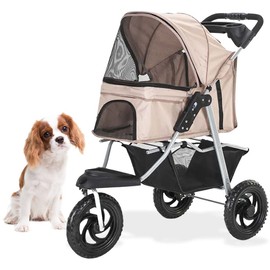 Critter Sitters 3-Wheel Jogging Dog Stroller with Storage Basket and Cup Holders, Modern and Stylish Pet Stroller for Medium to Large Pets up to 55 Pounds, Puppy Stroller for Medium to Large Dogs, Tan