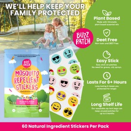 BuzzPatch Mosquito Patch Stickers for Kids (60 Pack) - All Natural, Plant Based Ingredients, Non-Toxic, DEET Free, Citronella Essential Oil Insect Patches, for Toddlers, Babies, Children (2)