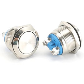 Powice 2 x 16 mm Push Button Waterproof Momentary Reset Switch Made of Stainless Steel, Push Button 5A/12V/24V/125V/250V, Suitable for Cars, Ignition Systems, Doorbells (Flat Head)