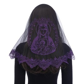 Bozidol Black Purple D-Shaped Embroidered Virgin Mary and Child Mantilla Veil for Women Lace Chapel Head Covering for Catholic Mass Church Ceremony