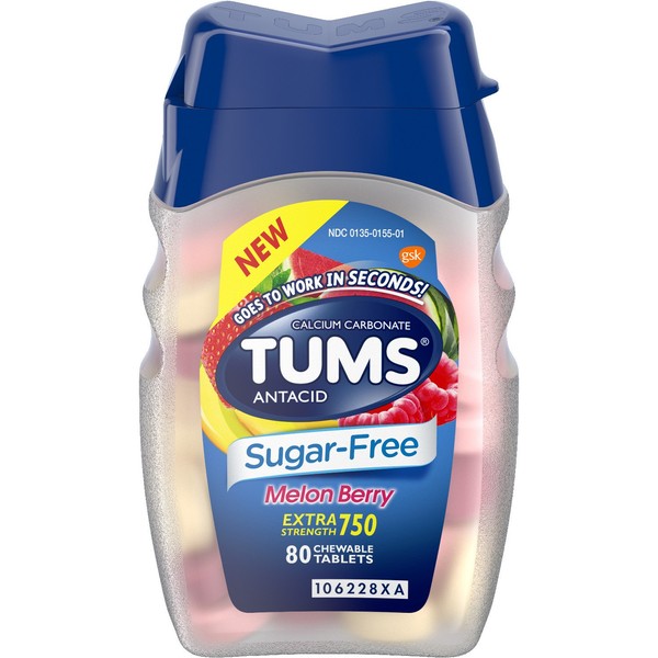 TUMS Sugar-Free Antacid Chewable Tablets for Heartburn Relief, Extra Strength, Melon Berry, 80 Tablets