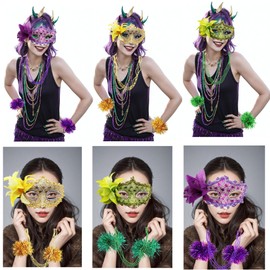 Qiandier 18pcs Mardi Gras Masks Bead Necklaces Bracelet Feathers Women Masquerade Party Mask Purple Green Gold