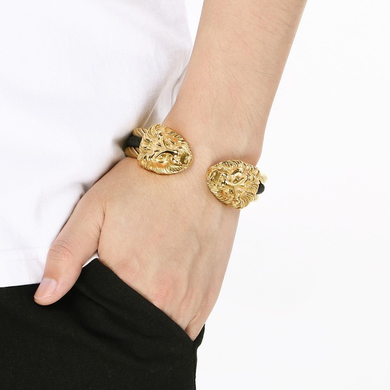 Klapgo Men's Gold Bracelet Viking Lion Head 316 Stainless Steel