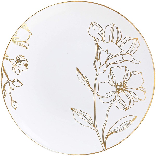 [6'' Plates 40 Count] White Plastic Floral Design Party Plates With Gold Rim Premium heavyweight Elegant Disposable Tableware Dishes