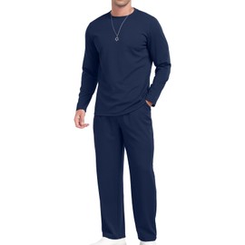 KUYIGO Men's 2 Piece Set Crew Neck Sweatshirt and Jogging Bottoms Outfits Long Sleeve Pullover Set Waffle Warm Loungewear Suit XXL Navy