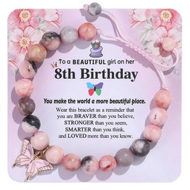 YUCSAWJK Birthday Butterfly Bracelet, Pink Zebra Natural Stone, Adjustable 5.5-10 Inches, Slide Clasp, Butterfly Theme, Female, Handmade, 6-22 Years Old Girls