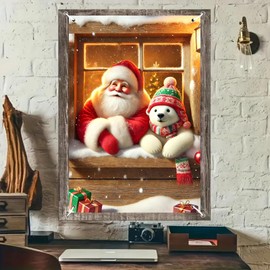 BlissYard Christmas Window Cover 31x47 Inch Santa and Polar Bear Window Banner Holiday Backdrop Snowy Window Scene Gift Boxes Tree Lights Indoor Outdoor Party Decoration Christmas