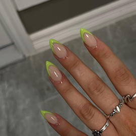 Green French Tip Press On Uñas Cortas Almendras Prensas Ons French Tip Pegamento En Uñas para Mujeres Diy Acrílico Uñas Francesas Uñas Cortas de Gel, 