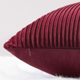 YCOLL Wine Red Pillow Covers 18x18 Set of 2 Velvet Striped Pattern - Soft Throw Pillows for Home Decor, Luxury Decorative Pillow Covers for Couch, Bed,Living Room