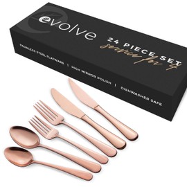 EVOLVE 18/8 Stainless Steel Silverware Set for 4 - Complete 24 Piece Flatware Cutlery Set - Dishwasher Safe - Mirror Finish, Rust-Proof Utensil Sets- Ideal for Home Restaurant Wedding(Rosegold)