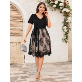 ZNU Plus Size Lace Cocktail Dress for Curvy Women, 2025 Elegant Summer V Neck Midi A-Line-Dress Short Sleeve Black