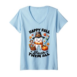 Womens Happy Fall Brush Them All Tooth Dentist Dental Autumn Funny V-Neck T-Shirt