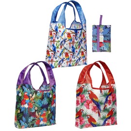 O-WITZ Reusable Grocery Bags | Vibrant Tote Bag For Groceries, Gym, Office, Beach, Toys & More | Washable Design With Large Handles For Maximum Convenience | Folds Into A Small Pouch, 3-pack, Parrots