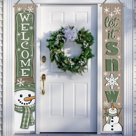 Deroro Welcome Winter Snowman Green Porch Banner Sign, Let It Snow Farmhouse Front Door Decorative Hanging Welcome Banner Flag, Christmas Seasonal Snowflake Rustic Decoration Home Outdoor Decor