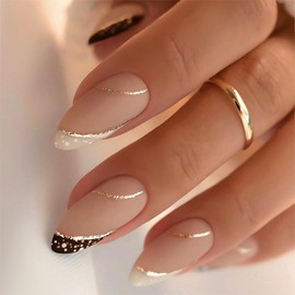 HJKDSFD French Tip Almond Shaped Matte Acrylic Nails 24Pcs