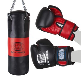 BAY® Boxing Set for Teens 9 kg Filled 85 x 28 cm Boxing Set Punching Bag + Boxing Gloves Kids Junior Teens Black/Red Ready + Steel Chain Box Set Kids Set Boxing Gloves
