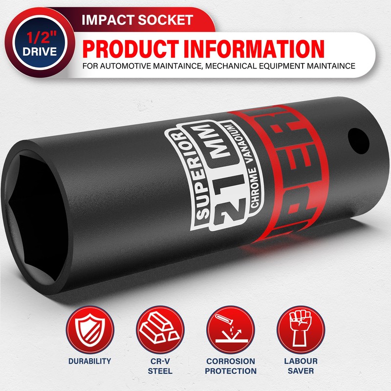 Aiourx 1/2" Drive Impact Socket, 21 mm Deep Socket, Metric,