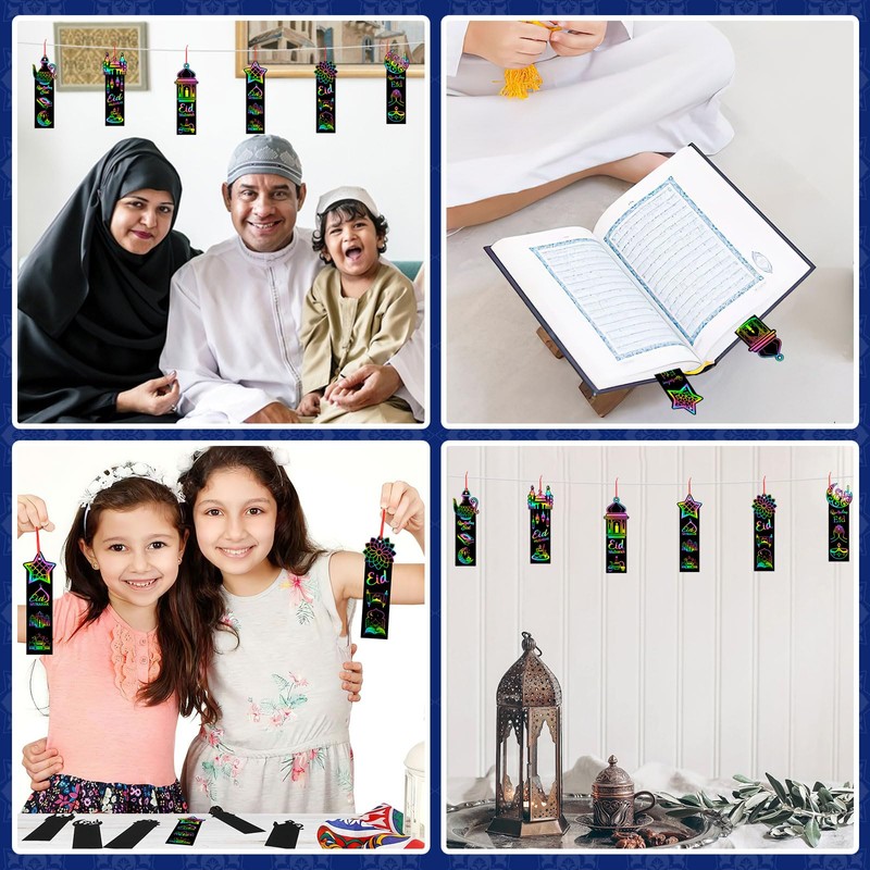 JUNEBRUSHS 30Pcs Ramadan Crafts, Rainbow Magic Ramadan Scratch Bookmarks for