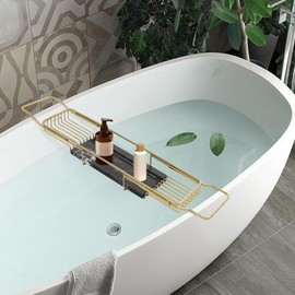 Expandable Bathtub Tray Caddy for Luxury Bath, Extra Wide Acrylic Tub Tray with Natural Marble Board, Waterproof Bath Tub Shelf for Phone, Wine, Book, Tablet Stand - Ideal Home Spa (Gold, Black)