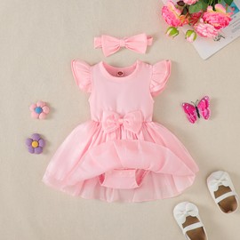 Baby Girls Tutu Dress Set - Newborn Romper Outfit with Ruffle Sleeve Bodysuit & Tulle Skirt (9-12 Months) - Includes Butterfly Headband - Perfect for Baby Baptism Photoshoot Birthday Party (Pink)